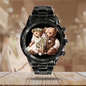 Discover Vintage wedding: teddy bear bride and groom Calendar Steel Band Watch
