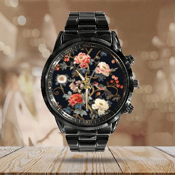 Discover Peony Dream Embroidery Seamless Pattern Calendar Steel Band Watch