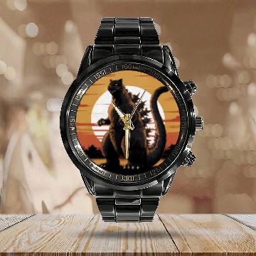 Discover Catzilla Cat Japanese Art Funny Cat Gifts Calendar Steel Band Watch