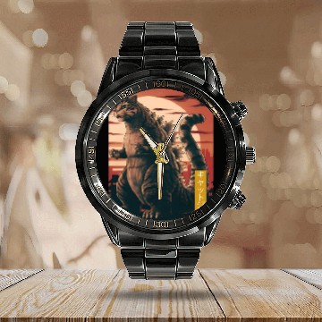 Discover Funny Cute Cat Art Japanese Sunset Retro Catzilla Calendar Steel Band Watch