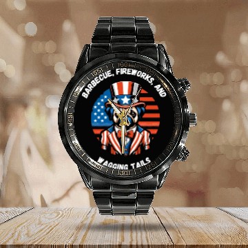 Discover independance day,Barbecue, fireworks, and wagging Calendar Steel Band Watch