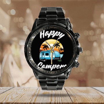 Discover Funny Camping Hiking Lover Present Happy Camper Calendar Steel Band Watch