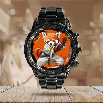 Discover Red panda karate fighting style Calendar Steel Band Watch