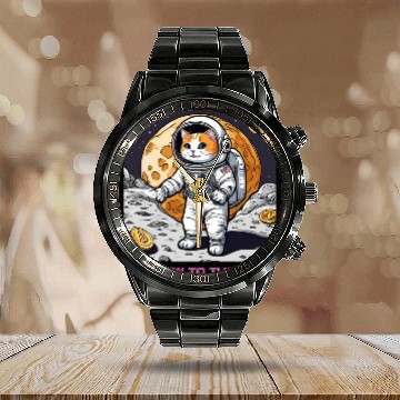 Discover Bitcoin to the moon cat Calendar Steel Band Watch
