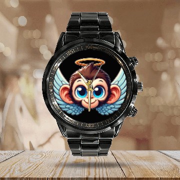 Discover Monkey chimpanzee cartoon angel wings Calendar Steel Band Watch