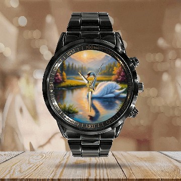 Discover white swan in river Calendar Steel Band Watch