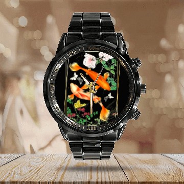 Discover Japanese Koi Carp Nishikigoi Fish Cherry Blosso Calendar Steel Band Watch