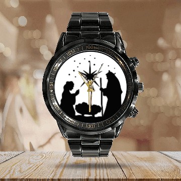 Discover Nativity Scene Silhouette Christmas Market Vendor Calendar Steel Band Watch