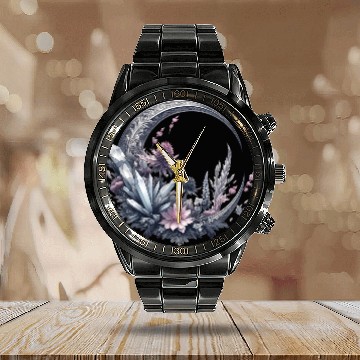 Discover Crescent moon in silver, with crystals and flowers Calendar Steel Band Watch