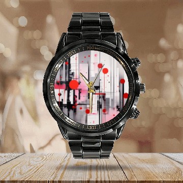 Discover Red Black Light Pink and Gray Dots and Lines Calendar Steel Band Watch