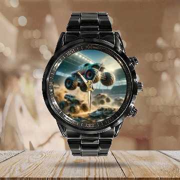 Discover Monster Madness Monster Trucks Calendar Steel Band Watch