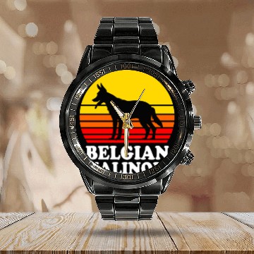 Discover Retro Sunset Dog Silhouette Belgian Malinois Dog Calendar Steel Band Watch