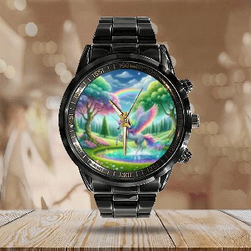 Discover Enchanted Rainbow Unicorn Over Sparkling Pond Calendar Steel Band Watch