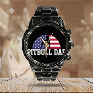 Discover Pitbull Dad Embracing USA Flag Merica Pride Art Calendar Steel Band Watch