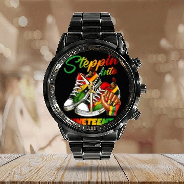Discover stepping into juneteenth Afro Woman Black Girl Calendar Steel Band Watch