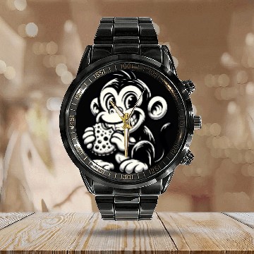 Discover Chimpanzee with Cookie Monochrome Design Calendar Steel Band Watch
