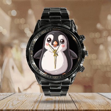 Discover Adorable Penguin Character Standing Alone Calendar Steel Band Watch
