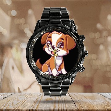 Discover Adorable Brown and White Puppy Smiling Calendar Steel Band Watch