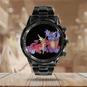 Discover Cute dragon chibi with dice D20 pen and paper Calendar Steel Band Watch
