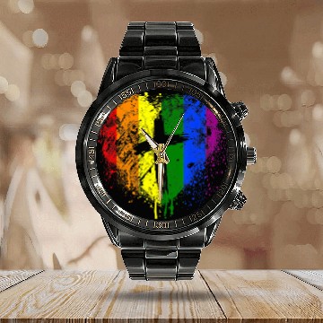 Discover Rainbow Heart with Cross Gay Pride LGBT Christian Calendar Steel Band Watch