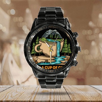 Discover coffe n nature mountains Classic Calendar Steel Band Watch