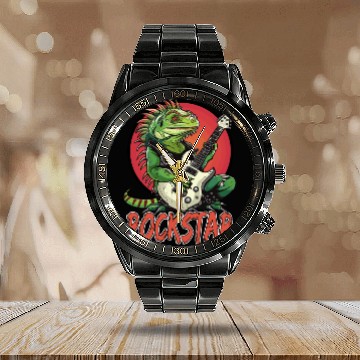 Discover Rockstar Reptile Musician with Electric Guitar Calendar Steel Band Watch