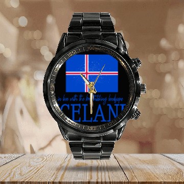 Discover Nordic Flag Illustration with Icelandic Text Calendar Steel Band Watch