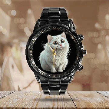 Discover Cute White Cat Calendar Steel Band Watch