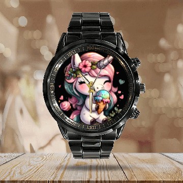 Discover Chibi Unicorn Eating Ice Cream Calendar Steel Band Watch