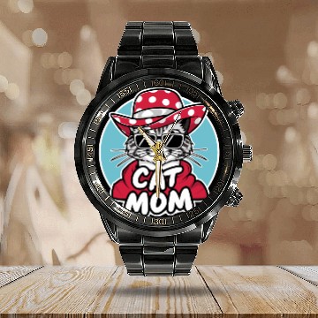 Discover Cat Mom Funny cat with sunglasses, hat and clothes Calendar Steel Band Watch