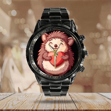 Discover Cute Smiling Hedgehog Holding Heart - Adorable Calendar Steel Band Watch