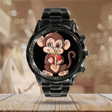 Discover Cute Monkey Holding Red Heart Adorable Animal Calendar Steel Band Watch