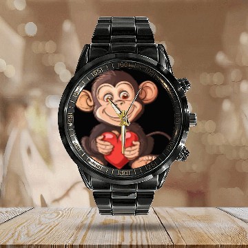 Discover Adorable Monkey Holding A Heart Illustration - Calendar Steel Band Watch