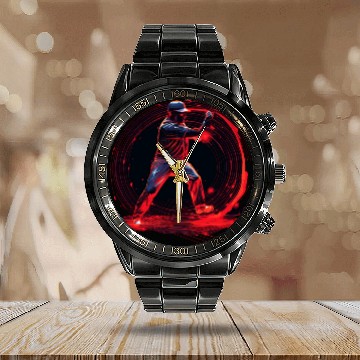 Discover Baseball Pitcher in Red Neon, Pop Art Calendar Steel Band Watch