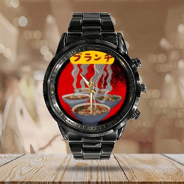 Discover steaming ramen in Japanese text Calendar Steel Band Watch