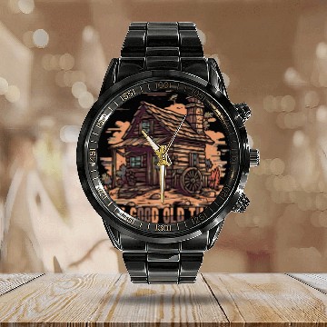 Discover The Good Old Times: Wooden Shack Nostalgia Calendar Steel Band Watch