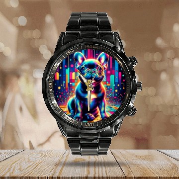 Discover French Bulldog Neon Art Calendar Steel Band Watch