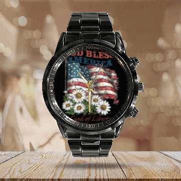 Discover God Bless America 4th Of July US Flag Daisy Calendar Steel Band Watch