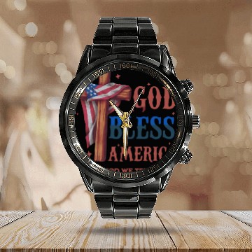 Discover God Bless America Proud Retro US Flag 4th Of July Calendar Steel Band Watch