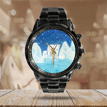 Discover Polar Bears (Ursus maritimus) - Bear Mother & Cubs Calendar Steel Band Watch