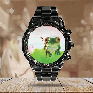 Discover Green Frog Relaxing in the Pond Calendar Steel Band Watch