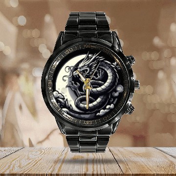 Discover Mystical Dragon Silhouette Calendar Steel Band Watch
