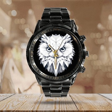 Discover geometric snow owl head - polygon motif Calendar Steel Band Watch