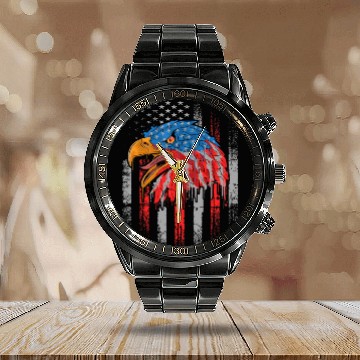 Discover Retro US Flag Funny 4th July Bald Eagle Patriotic Calendar Steel Band Watch