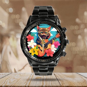 Discover Musician Cat Plays Guitar Floral Rock Aloha Calendar Steel Band Watch
