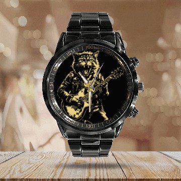 Discover Meow Cat Playing Guitar Instruments Cartoon Calendar Steel Band Watch