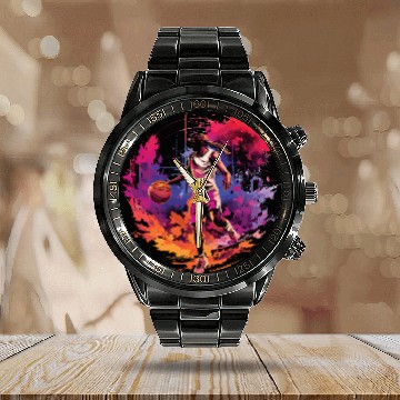 Discover Basketball Player Surrounded by Sunset, Artwork Calendar Steel Band Watch