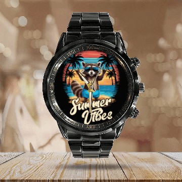 Discover Beach Caribbean Hawaii Vacation Surfer Raccoon Calendar Steel Band Watch
