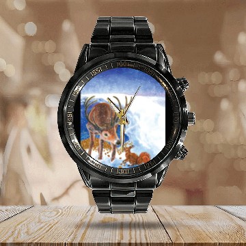 Discover Red Deer and Squirrel in Winter Illustration Calendar Steel Band Watch