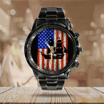 Discover Stars, Stripes & Pirate Ship American Flag Calendar Steel Band Watch